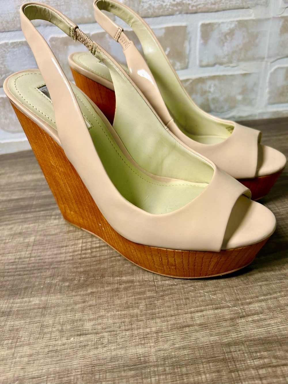 BCBGMaxAzria Nude Patent Peep-Toe Slingback Wedges
